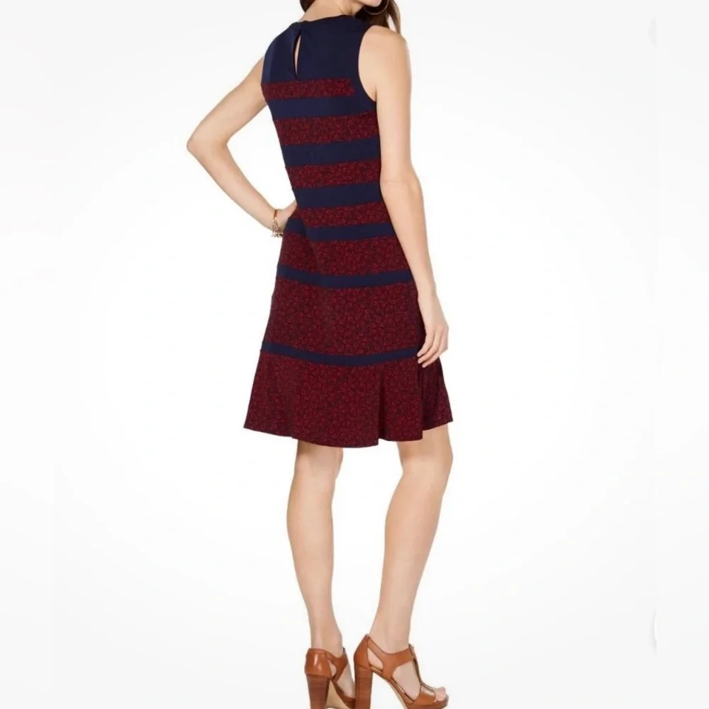 Michael Kors Paisley Paneled Stretch Shift Dress Stripe Navy & Red Women’s PM